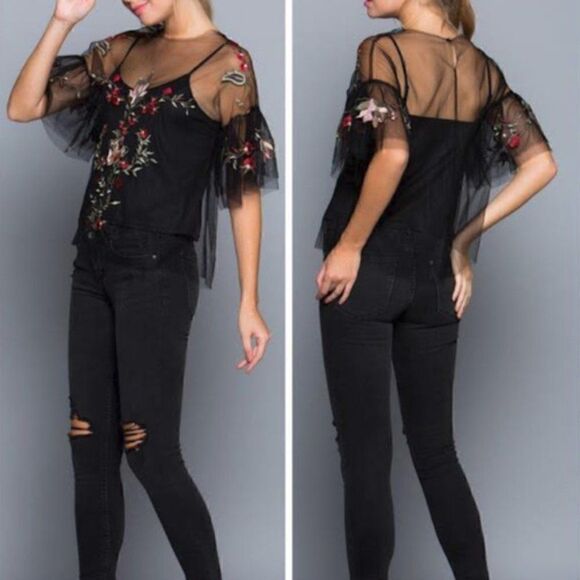 MISS LOVE Womens Embroidered Mesh Top Cami Removable Black Blouse Boho - Picture 2 of 6